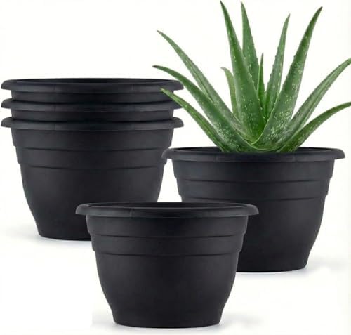 RooTrimmer 5 Pack 10 Inch Plant Pots Plastic Planters with Drainage Holes & Plugs,Lightweight Flower Pots for Indoor Outdoor Plants,Flowers,Monstera,Snake Plant,Home Garden(Black) by RooTrimmer