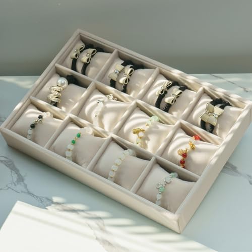 Jewelry Watch Tray Organizer Bracelets Display Case Holder, Beige 12-Slots - Image 3