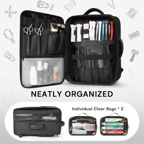 Barber Bag with 2 Pouches, Professional Hairstylist Travel Backpack with Adjustable Dividers, Hairdresser Hair Tools Bag with Insulated Pocket, Cosmetology Bags for Supplies, Water-resistant, Black - Image 2