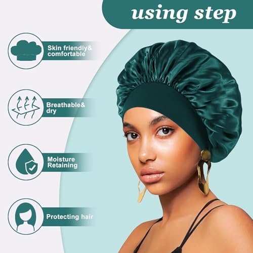 4PCS Silk Satin Bonnets for Black Women & Men - Elastic Wide Band Hair Wrap Cap for Curly Hair - Shower Cap for Sleeping (Black, Peacock Blue, Pink, Khaki) - Image 3