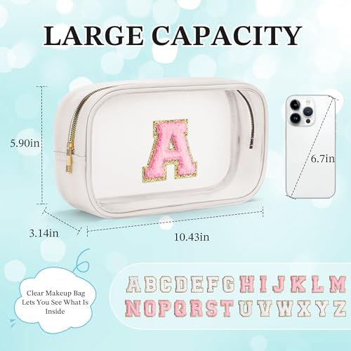 YOOLIFE Initial Make Up Bag Travel Toiletry Bag, Clear Makeup Bag Preppy Stuff Travel Essentials Pink Gifts for Women Teen Girlfriend Teacher Mom Birthday Birthday Gifts for Her Wife White A - Image 4