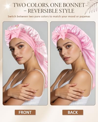 AWAYTR Long Satin Bonnet for Sleeping, Women Two-Tone Reversible Sleep Cap - Image 4