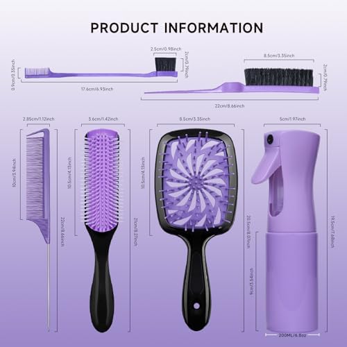 11-Piece Hair Brush Set with Detangling Brush and Hair Spray Bottle, Purple - Image 5