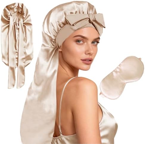 Womens 2Pcs Silk Satin Bonnet Long Hair Bonnets For Sleeping Silky Bonnet With Eye Mask Braids Curly Hairs Sleep Cap by WJingYiJia