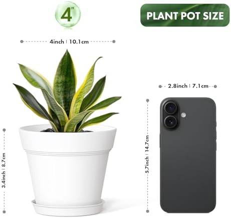 WSMKSZ 4 Inch Plastic Plant Pots with Drainage Holes and Trays – 8 Pack Small Nursery Pots for Indoor & Outdoor House Plants and Flowers, Seedling Starter Planters, White - Image 3