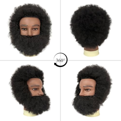 Afro Barber Mannequin Head Male Human Hair with Beard for Hair Styling - Image 3