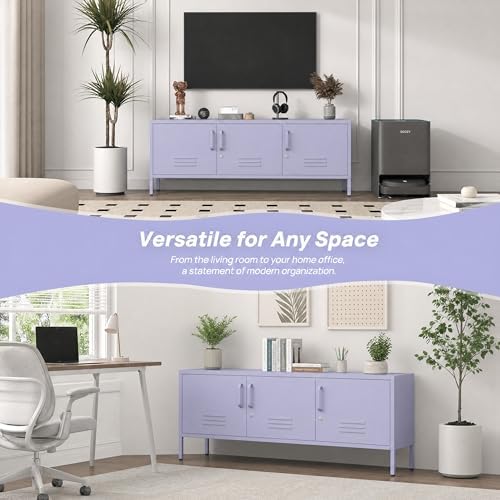 Purple Media TV Stand with Lock, 3 Door Metal Accent Cabinet with Adjustable Shelves, Steel Storage Sideboard for Living Room Bedroom Entrancy 22" H X 47.3" W X 13.8" D - Image 6