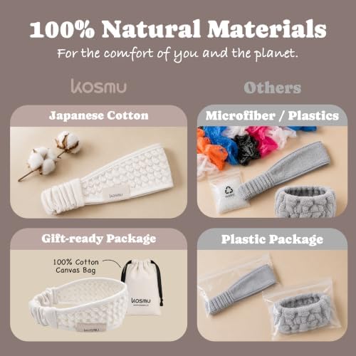 Luxury Organic Japanese Cotton Waffle Spa Headband for Women | Elastic Towel Headband for Makeup, Washing Face, Facial, Cosmetic & Skincare | Gift for Her Self-Care Beauty Routine (Shell White) - Image 4