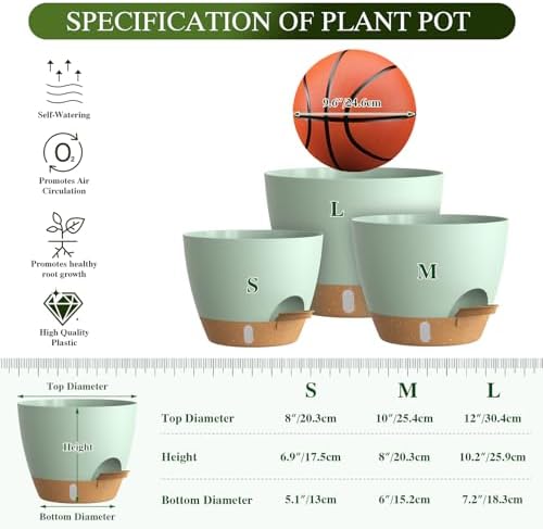 Self Watering Pots with Drainage Holes, 3 Pack 12/10/8 Inch Plant Pots with Water Level Indicator Deep Reservoir, Large Plastic Planter for Indoor Outdoor Plants - Green Brown - Image 2