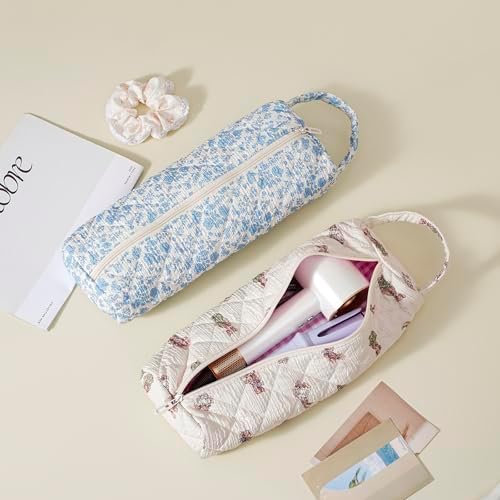RSRSLEII Quilted Hair Tools Travel Bag with Floral Pattern, Foldable, Blue - Image 3