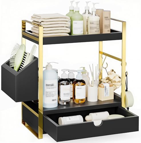 2-Tier Bathroom Counter Organizer, Wooden Vanity Shelf with Drawer & Basket by Unknown