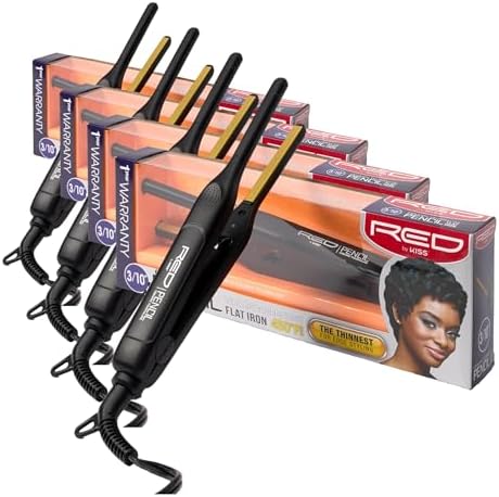 Red by Kiss 0.3 Inch Pencil Flat Iron,3/10" Ceramic Tourmaline Hair Straightener for Thin,Short Hair&Edge Styling,Fast 60s Heat Up to 450°F,Frizz Control Root Styling Wand,Tangle-Free,Black(Pack of 4) by REDbyKISS