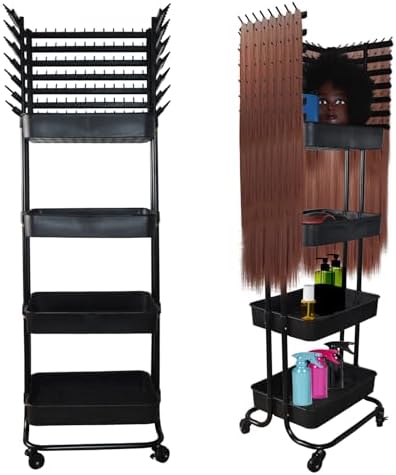 Braiding Hair Rack with 196 Pegs, Hair Extension Holder with 4 Tiers Storage Cart, Classical Black Braiding Rack Stand for Hair Braider, Sturdy Hair Rack for Salon, Home, Braiding School by ICCTUO