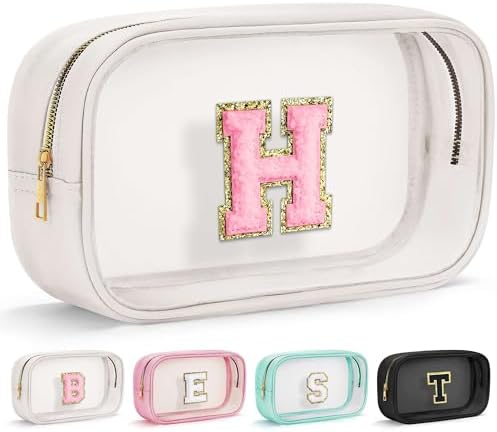YOOLIFE Initial Make Up Bag Travel Toiletry Bag, Clear Makeup Bag Preppy Cosmetic Bag Travel Essentials Gifts for Women Teen Girlfriend Teacher Mom Birthday Daughter Gifts Swim Gifts For Girls White H by YOOLIFE
