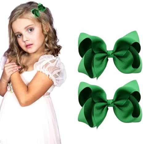 3 Inch Green Hair Bow Clips for Girls - Set of 2 by Ronger2000