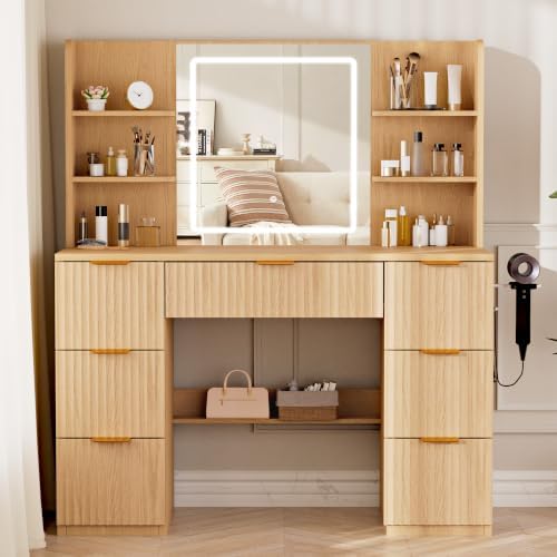 LIVELYGLOW 43" Large Natural Wood Makeup Vanity Desk with Charging Station - Image 3