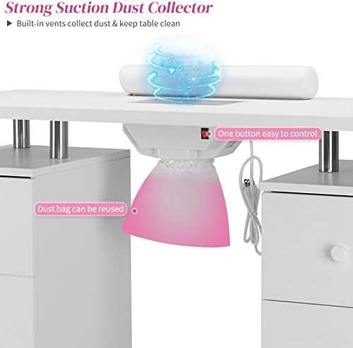 OmySalon Manicure Table Nail Desk for Nail Tech, Nail Table Beauty Salon Station w/Electric Dust Collector Acetone Resistant w/Lockable Wheel,Arm Rest - Image 2