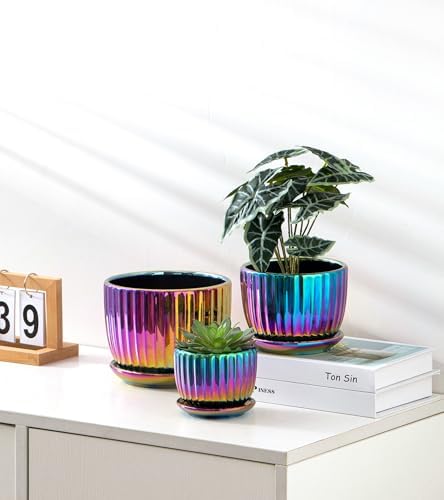 Ceramic Planters,Plant Pots with Drainage Holes & Saucers Set of 3(Purple) - Image 5