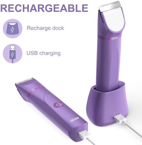 OLOV Electric Body Hair Trimmer - Groin Trimmer for Men - Bikini Trimmer Women - Wet/Dry Shaver Groomer, Replaceable Ceramic Blade Heads, USB Recharge Dock, Waterproof Hygiene Razor, Bright Purple - Image 5