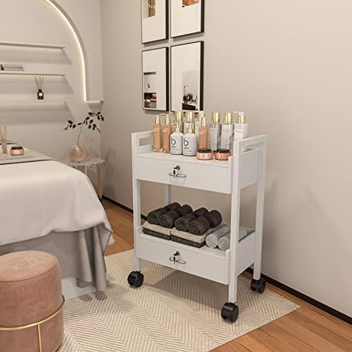 Salon Beauty Cabinet Cart Trolley 2-Layer Rolling Storage Drawer Organizer Wheels Lockable Tool Salon Station Barber Stylist Equipment Makeup Spa Cart (White-2 Layer) - Image 4