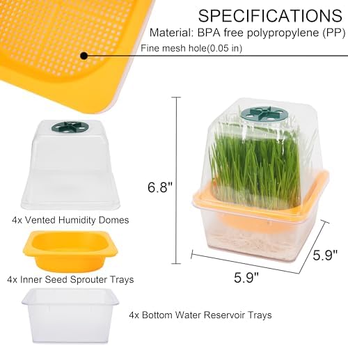 Microgreen Growing Trays, 5" x 5" Sprouting Tray with Humidity Dome, 1.2 mm Small Mesh Holes, BPA Free, Sprouter Kit for Growing Mirco Seeds, Like Broccoli, Alfalfa, Radish, Clover - 6 Pack | Clear - Image 3