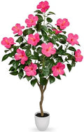 Briful Artificial Hibiscus Tree 4.13ft Tall Real Touch Fake Tree with Pink Flowers Potted Faux Plant Indoor Realistic Floor Plants for Front Porch Outdoor Home, Patio Decor by Briful