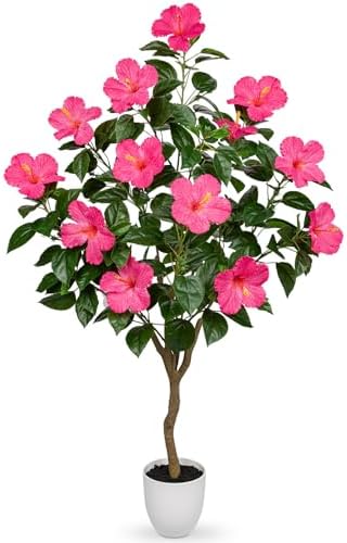 Briful Artificial Hibiscus Tree 4.13ft Tall Real Touch Fake Tree with Pink Flowers Potted Faux Plant Indoor Realistic Floor Plants for Front Porch Outdoor Home, Patio Decor by Briful