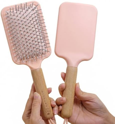 Paddle Detangling Hair Brushes for Women, Detangler Brush for Thick, Curly, Long, Wet & Dry Hair, Hairbrush with Solid Wood Handle & Cushion Base (Pink) by JUNIPLTER