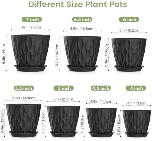 Meowell 7/6.5/6/5.5/5/4.5/4 inch Plant Pots for Indoor Outdoor Plants, 7 Pack Thick Flower Pots with Drainage Holes and Saucers, Modern Wave Texture Plastic Planter Pots for Nursery, Succulent, Black - Image 2