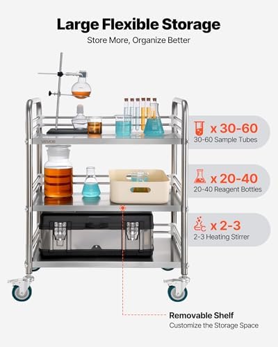 VEVOR Stainless Steel Rolling Cart, 3-Tier Metal Utility Cart with Lockable Wheels, Medical Serving Trolley Clinic Tray, Mobile Service Cart for Hospital, Lab, Restaurant, Kitchen, Salon - Image 5