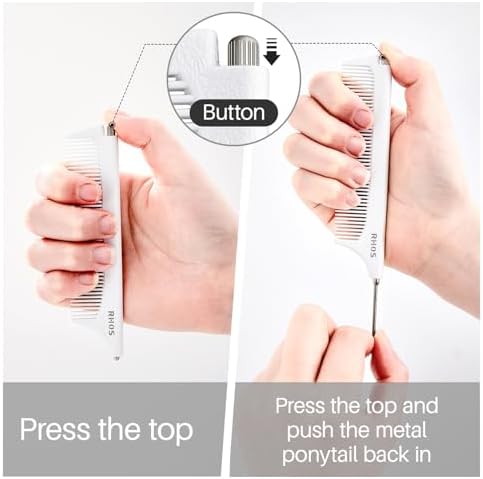 RHOS Carbon Retractable Rat Tail Parting Comb - Portable Fine Tooth Teasing Comb for Styling, Hair Cutting, Braiding with Stainless Steel Pin Tail - White - Image 2