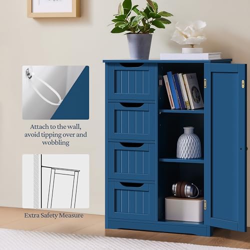 Yaheetech Small Bathroom Storage Cabinet with 4 Drawers & Door, Navy Blue - Image 4
