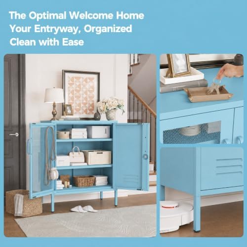 Lockable Metal Storage Cabinet Locker, Multifunctional Versatile Display Storage Lockers with Adjustable Shelves and Mesh Door, Durable Metal Side Table Furniture for Restaurant Home Office Blue - Image 5