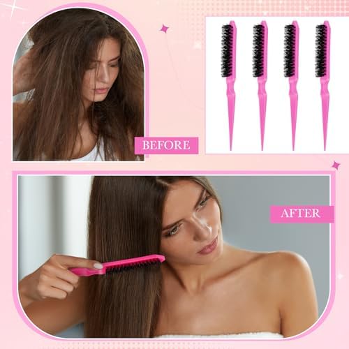 Yaomiao 6 Pcs Teasing Brush Set, 3 Row Nylon Rat Tail Combs for Fine Hair, Back Combing, Root Lifting, Scalp Massage, Hair Brushes for Women Salon Home Use(Pink) - Image 6
