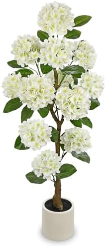 Hollyone 4FT White Hydrangea Artificial Flowers Tree Large Real Touch Faux Silk Hydrangea Plants Potted Fake Flower in White Pot for Home Indoor Outdoor Front Porch Garden Entrance Living Room Decor by Hollyone
