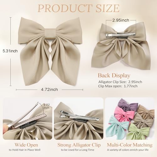 Seiolieliou 6Pcs Hair Bows for Women, Silky Satin Bow Hair Clips for Girls - Image 3