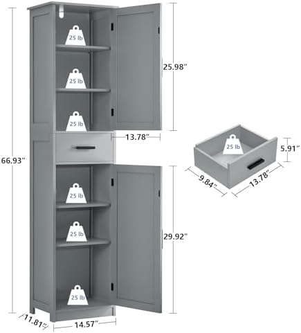 usikey 67“ Tall Bathroom Cabinet, Storage Cabinet with 4 Shelves & 2 Doors, Narrow Storage Cabinet for Bathroom, Living Room, Home Office, Greige - Image 3