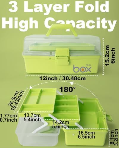 TERGOO 12in 3-Layer Plastic Craft Organizers and Storage, Portable Folding Tackle Box with Handle & Adjustable Dividers, Multipurpose Case for Sewing, Art Supplies, Medicine, Tools (Green) - Image 2