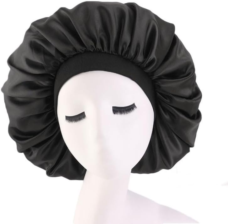 INOGIH Black Silk Satin Bonnets for Women Men Wide Band Hair Wrap Cap for Curly Hair Shower Cap for Sleeping - Image 3