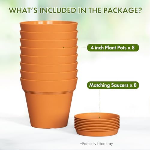 WSMKSZ 4 Inch Plastic Plant Pots with Drainage Holes and Trays – 8 Pack Small Nursery Pots for Indoor & Outdoor House Plants and Flowers, Seedling Starter Planters, Terracotta - Image 5