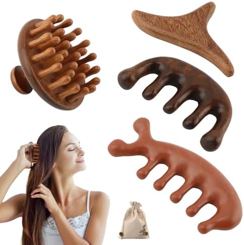 4 Pcs Wooden Head Scalp Massager Comb, Multifunction Head Massager Gua Sha Tool Brush, Portable Sandalwood Scalp Massage Wood for Hair Growth, Soothing and Relaxing by Unknown