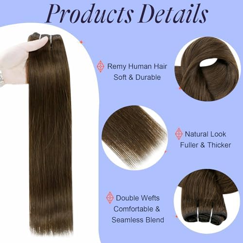 Full Shine Brown Weft Hair Extensions Human Hair 24 Inch Color #4 Medium Brown Sew In Bundles Human Hair Remy Hair Extensions for Thin Hair 105 Grams Hair Pieces - Image 2