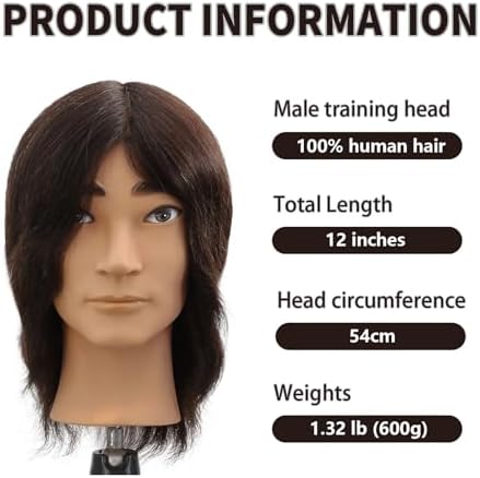 12 Inch Male Mannequin Head,100% Real Deep Black Human Hair for Barber Exam & Haircut Styling Training,Manikin with Free Clamp Stand (1b#) - Image 3