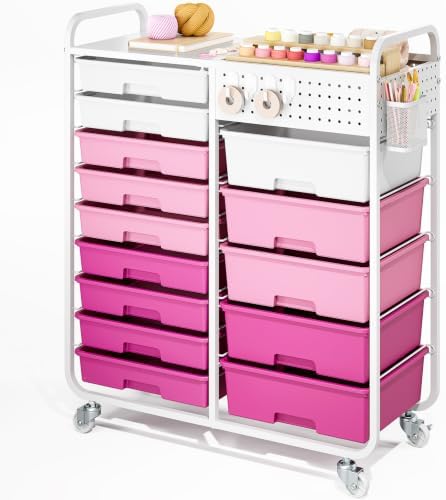 14 Drawer Rolling Storage Cart with Tabletop and Pegboard for Crafts Pink by APEXCHASER