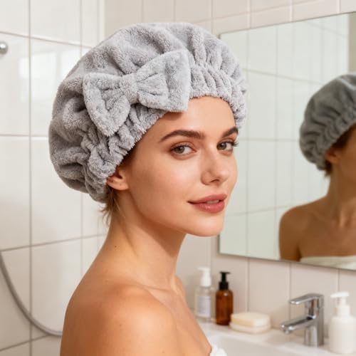 HOPESHINE Microfiber Hair Towel Cap for Women Wet Short or Long Curly Hair Super Absorbent Quick Dry Turbans Anti Frizz Great Gift for Women and Girls (Grey, 1) - Image 2