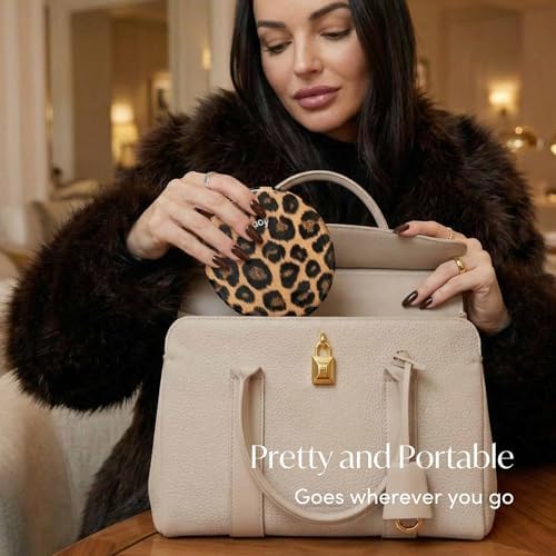 Fancii Taylor LED Lighted Travel Makeup Mirror, Rechargeable, 10x /1x Magnifying, Tru-Glow Lighting System, XL Large 5” Wide | Compact Mirror for Purses (Cheetah Chic) - Image 3