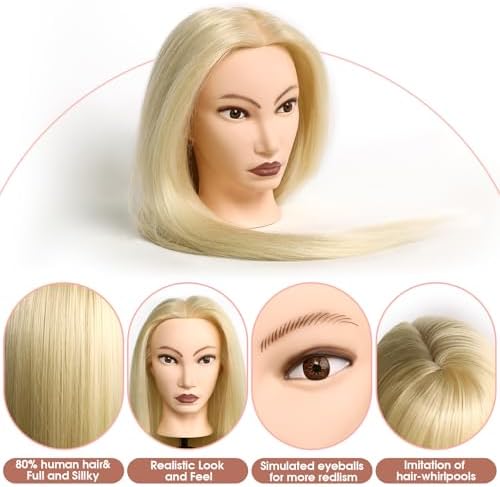 80% Mannequin Head Human Hair,26"Real Hair Cosmetology Mannequin Manikin Head Hair Styling Hairdressing Practice Training Doll Head with Clamp Holder and Tools(Blonde Hair Brown Eyes) - Image 6