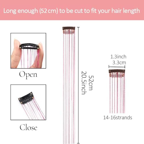 Rose Red Hair Tinsel Packs of 12Pcs 20.5 Inch Clip in Hair Tinsel Heat Resistant Fairy Hair Tinsel Kit for Girls Glitter Hair Extensions for Christmas New Year Halloween Cosplay Party (Rose Red) - Image 3