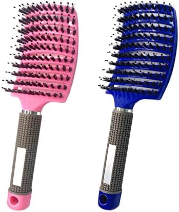 2 PACK Boar Bristle Hair Brush No Pull Curved Vented Detangler Hair Brushes Fast Blow Drying Hair Brush for Men Women Wet Dry Long Thin Thick Curly Tangled Hair (pink+blue) by MOODKEYbrand