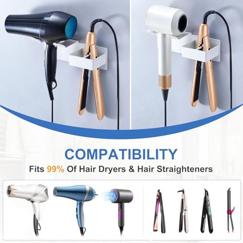 Hair Dryer Holder Wall Mounted, Hair Straightener Holder Metal, Adhesive Blow Dryer and Hair Straightener Holder, Bathroom Bedroom Hair Tool Organizer for Flat Iron,Curling Iron,Hairdryer (White) - Image 7